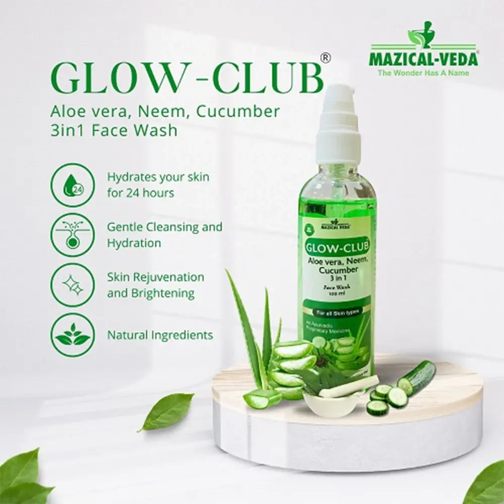 GLOW-CLUB  ALOEVERA, NEEM  CUCUMBER  (3 in 1 FACE WASH)